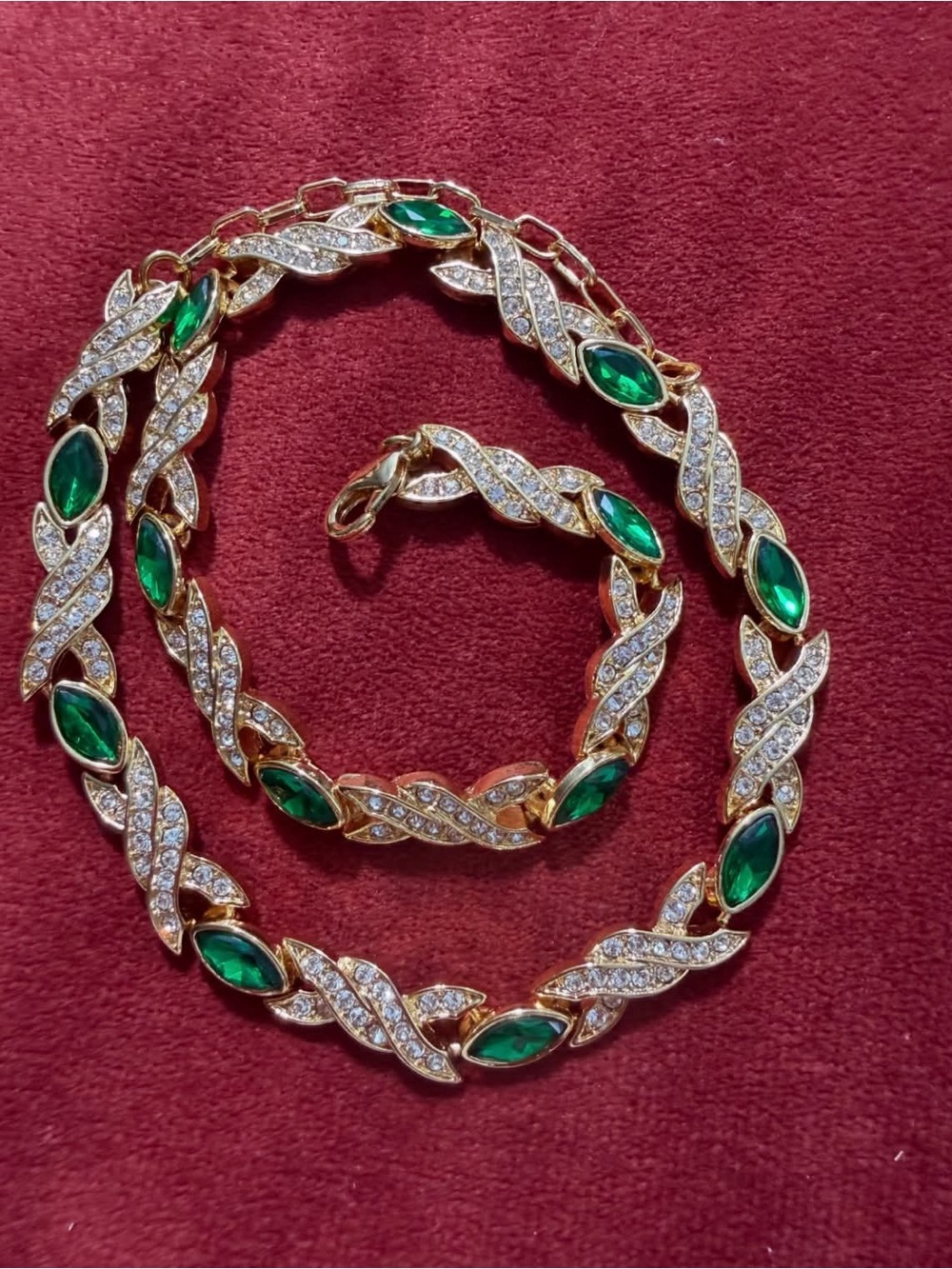 Gold-Tone Green Crystal Leaf Necklace and Bracelet Set